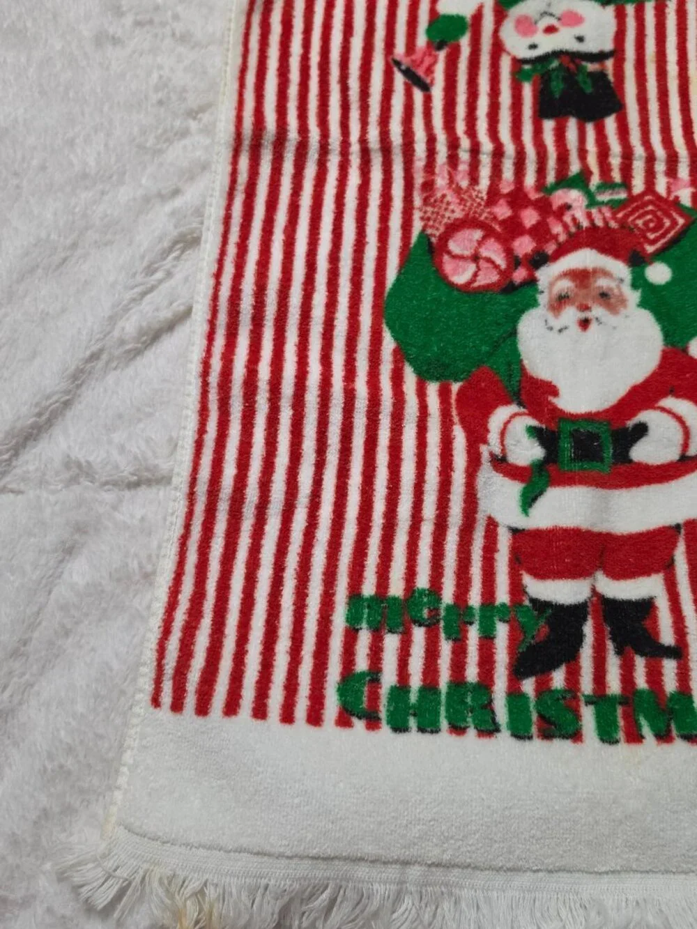 Vtg 70s Royal Terry Christmas New Years Hand Towel Santa Snowman Candy Stripe